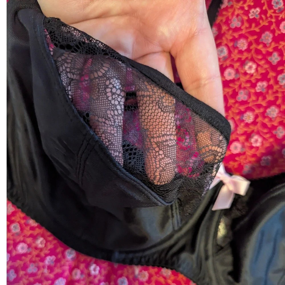 Curvy‎ Kate Black Lace Balcony Bra 42DDD Underwire Support Pink Bow CK1101
